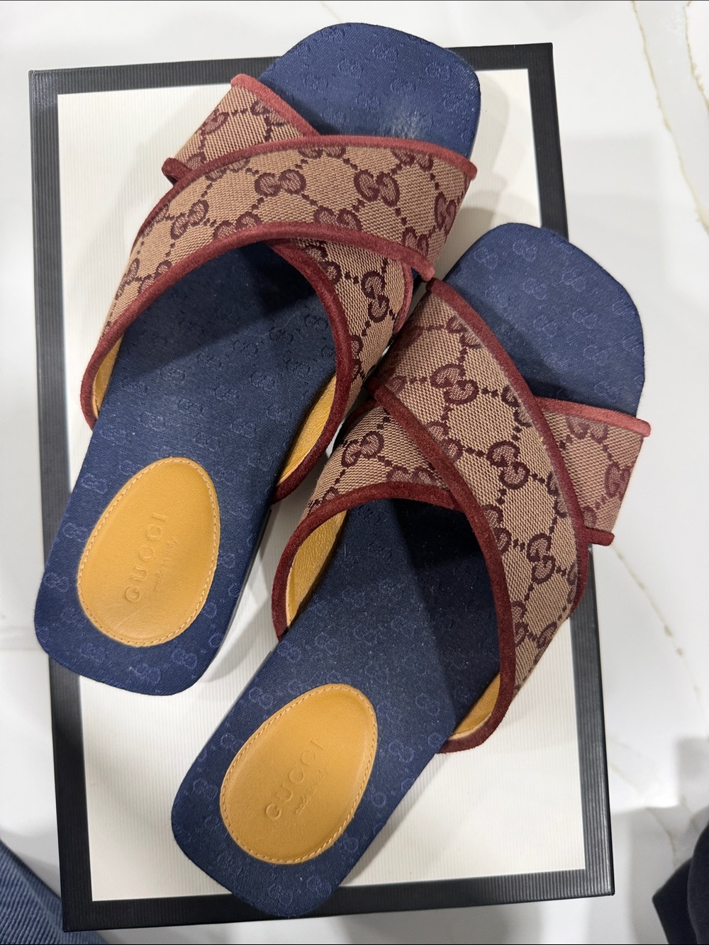 Gucci Brown Monogram Cross-Strap Sandals with Navy Footbed
